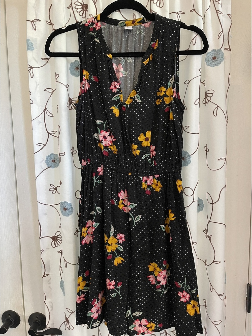Old Navy | XS | Black Floral Polka Dot Dress - Picture 2 of 6